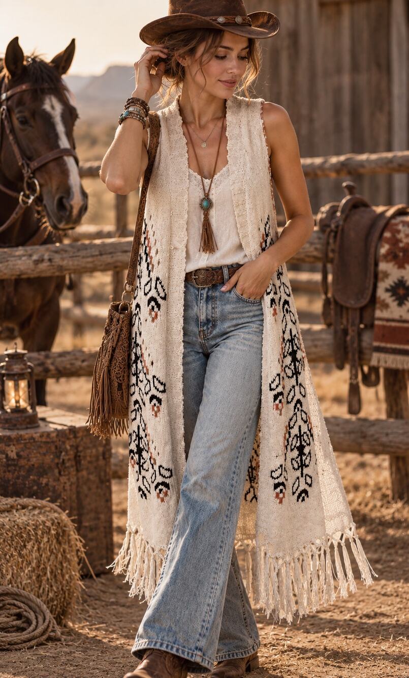 Democracy Artisan Crafted Boho Longline Knit Sweater Vest Duster Fringed Cream L